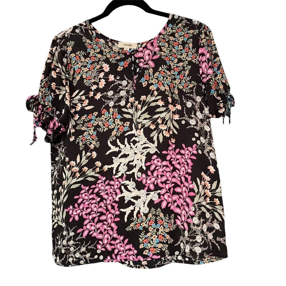 Meraki Women's Black Floral Print Short Sleeve Tie Back Size XL